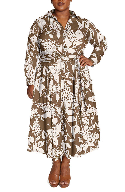 Brown/Cream | Poplin Shirtdress—Floral Print | front