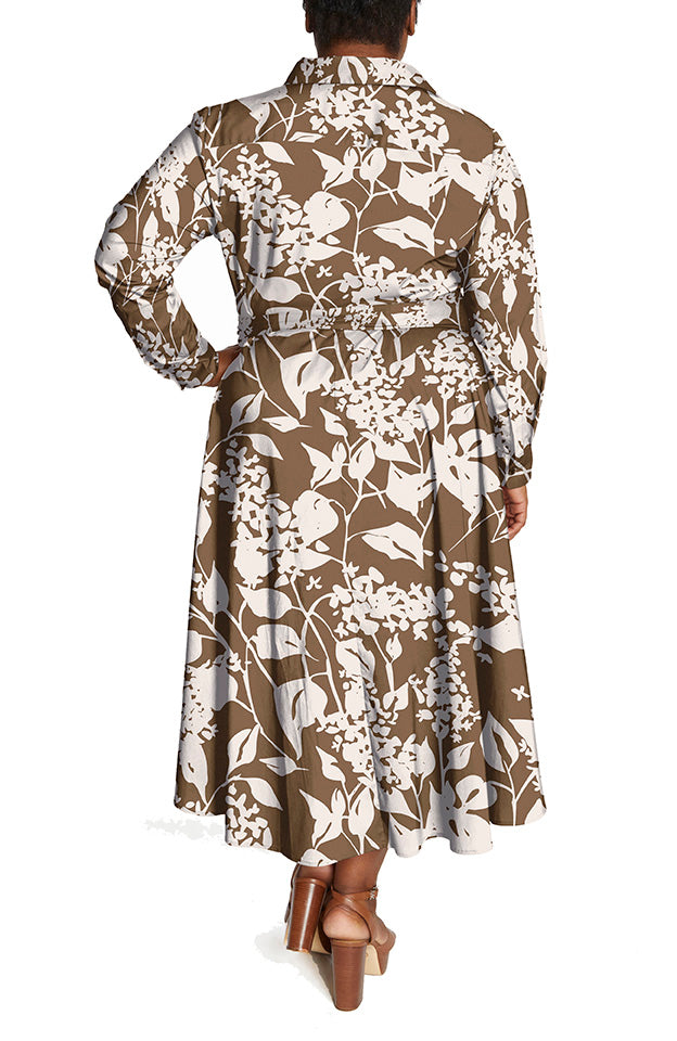 Brown/Cream | Poplin Shirtdress—Floral Print | back