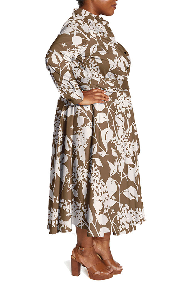 Brown/Cream | Poplin Shirtdress—Floral Print | side