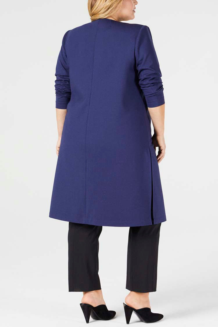 Navy | Paola Coat - One Shape - Rear View | Model is a Pari Passu Fit B wearing size 4