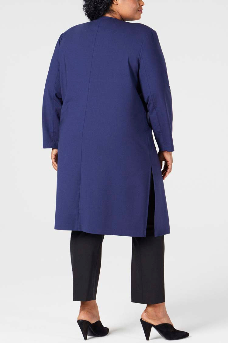 Navy | Paola Coat - One Shape - Rear View | Model is a Pari Passu Fit D wearing size 4