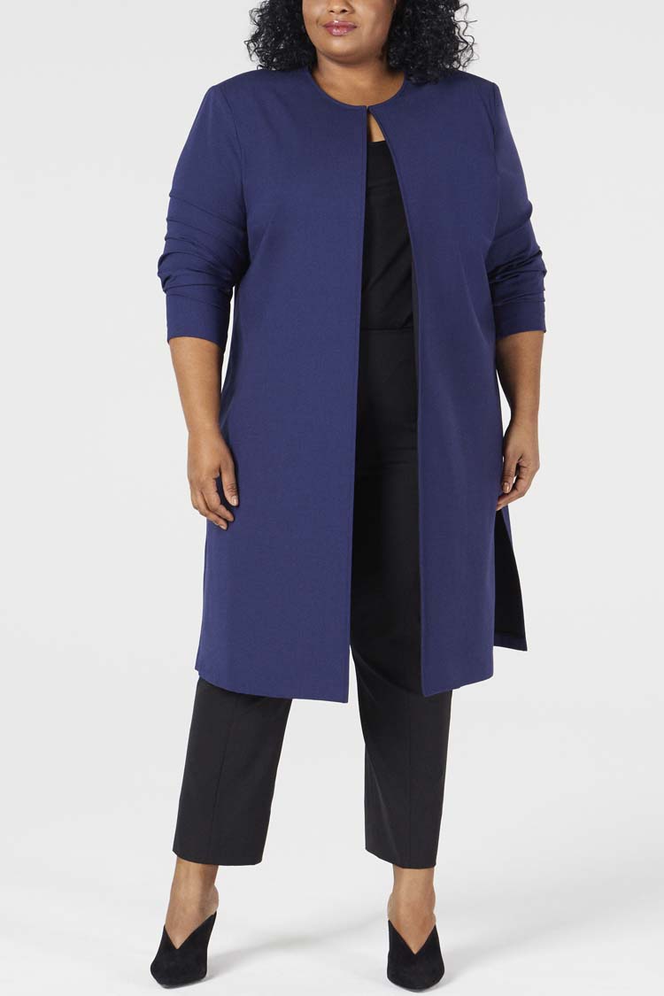 Navy | Paola Coat - One Shape - Front View | Model is a Pari Passu Fit D wearing size 4