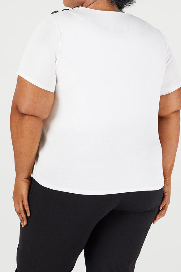 White | Raen T- Shirt - One Shape - Rear View  | Model is a Pari Passu Fit D wearing size 4