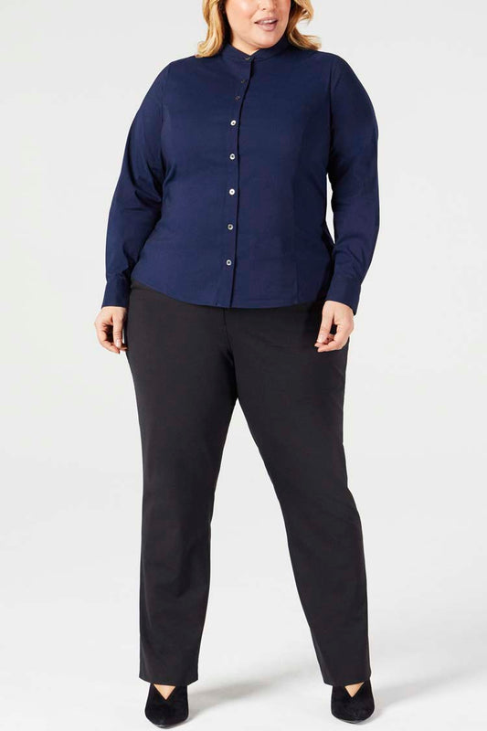 Navy | Collarless Button Down Shirt - Shape B - Front View | Model is a Pari Passu Fit B4