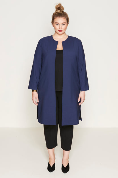 Navy | Paola Coat - One Shape - Front View | Model is a Pari Passu Fit D wearing size 5