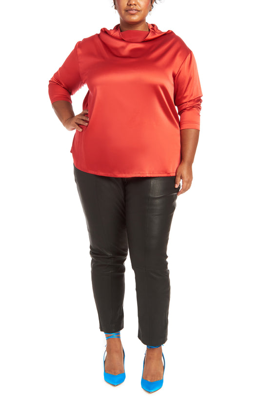 Red | Annette silk funnel neck top-front view